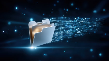 Digital folder emitting glowing data stream, futuristic data transfer and secure file sharing in blue lightの素材