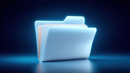 Glowing blue file folder on reflective surface, soft ambient light and modern minimal aesthetic, subtle warmth suggesting organized digital storageの素材