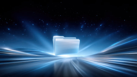 Glowing digital folder floating over futuristic data stream, abstract night sky and motion light conveying speed and connectivityの素材