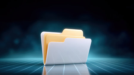 White and yellow folder icon on glowing grid with futuristic blue background conveying digital file organization and secure data storageの素材