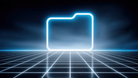 Neon folder futuristic folder glowing folder digital folder data folder technology icon grid floor blue neon cyber backgroundの素材