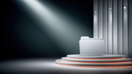 Sleek white folder illuminated round podium dramatic spotlight, futuristic minimalist display conveying organization and digital storage confidenceの素材