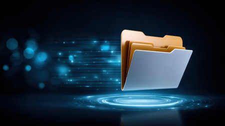 Digital folder with glowing data stream and futuristic light ring, modern storage concept conveying speed and secure transferの素材