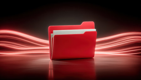 Red folder file folder glowing data stream, document folder, illuminated digital concept, dynamic light trail, modern storageの素材