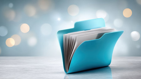 Blue folder with paper documents on reflective surface with soft bokeh lights evoking organization and clarityの素材