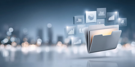 Digital folder with floating data charts and glowing file icons conveying efficient data management and analytic insightの素材