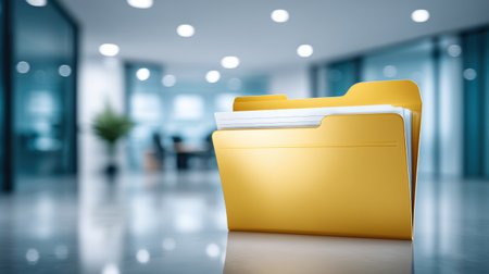 Yellow file folder with documents on glossy table in modern office interior, calm professional moodの素材