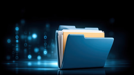 Blue digital folder with documents glossy surface, glowing binary backdrop conveys secure data transfer and organized file managementの素材