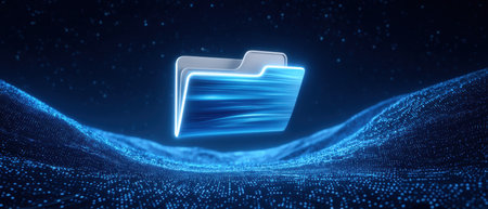 Blue glowing digital folder floating above luminous data landscape, conveying secure file storage and futuristic information flowの素材