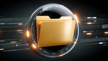 Gold folder icon, file folder, digital storage, data transfer, futuristic interface, glowing ring, dark backgroundの素材