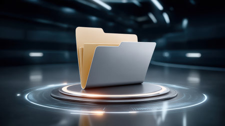 Modern digital file folder on illuminated futuristic platform conveying secure data storage and efficient organization in sleek tech environmentの素材