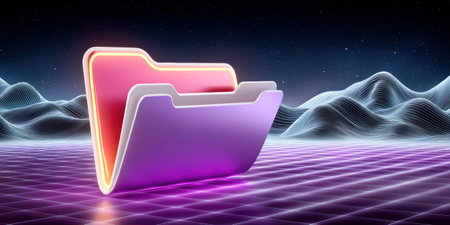 Futuristic neon file folder glowing on grid with wave landscape, vibrant purple and pink lighting, digital retro atmosphere, energetic moodの素材