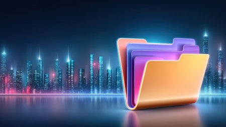 Colorful file folder icon with neon city skyline reflection and futuristic glow evoking digital organization and modern data storageの素材