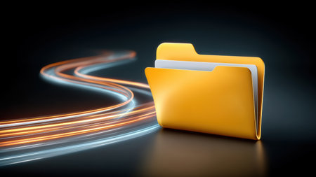 Yellow folder with document and glowing data stream suggesting fast file transfer and secure digital workflow, dynamic lighting and modernの素材
