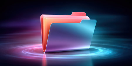 Colorful digital folder glowing on futuristic surface with light trail, abstract storage concept evoking innovation and connectivityの素材