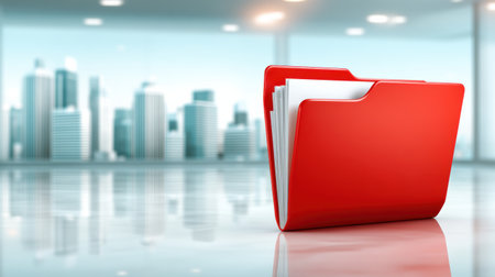 Red folder with documents on glossy office floor reflecting modern city skyline, professional business organization and file storage feelingの素材