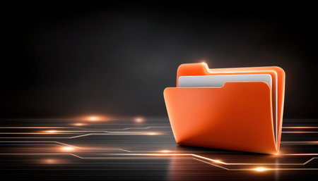 Orange file folder on glowing digital circuit background conveying secure data storage and modern technologyの素材