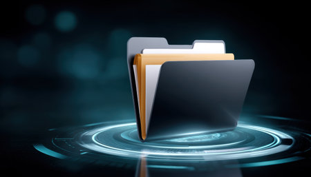 Dark folder icon with documents and glowing data ring, futuristic storage concept conveying secure digital organization and calm focusの素材