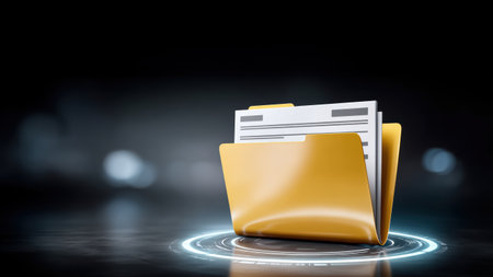 Yellow folder with documents glowing on futuristic digital surface evoking secure data storage and file transfer feelingの素材
