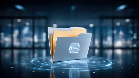 Digital folder with glowing document icon and file inside futuristic data interface, modern storage concept conveying secure accessの素材