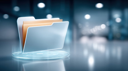 File folder floating above holographic platform modern office, glowing blue light, digital data concept with warm paper inside, futuristicの素材