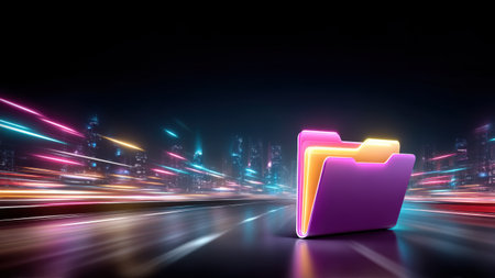 Neon folder digital folder data storage futuristic city motion blur glowing file cyber network speed technology abstractの素材