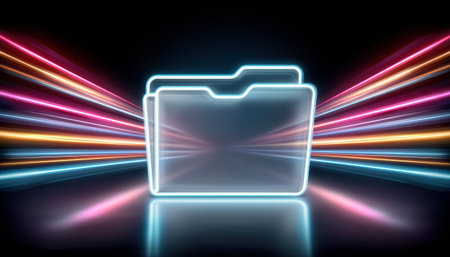 Neon glowing file folder on reflective surface with colorful light trails streaming from sides, futuristic data storage concept, energetic moodの素材