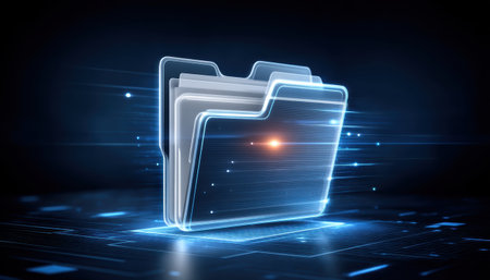Digital folder on glowing data grid, futuristic file storage with light streaks and motion blur conveying speed and securityの素材