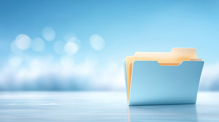 Blue folder with manila file inside on reflective surface with soft bokeh light and calm moodの素材