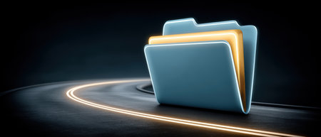 Glowing digital folder on dark road with light trail conveying data transfer and fast access, futuristic mood and dynamic motionの素材