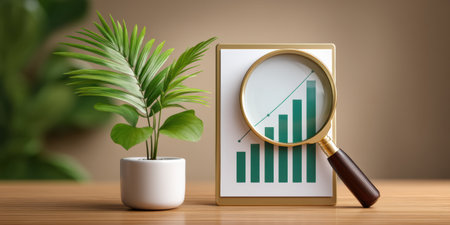 Green plant growth chart with magnifying glass showing upward trend, optimistic business conceptの素材