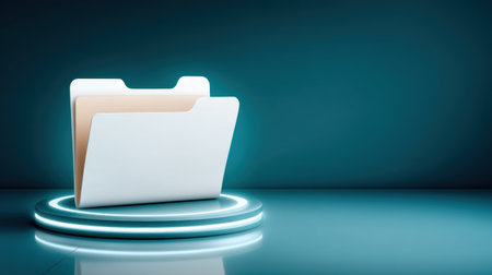 White folder with glowing data ring standing on futuristic platform conveying digital file organization and secure storageの素材