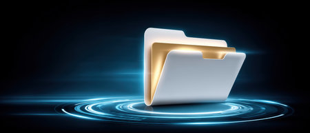 Futuristic glowing file folder with golden inner lining hovering above digital blue data portal, conveying secure storage and modern technologyの素材