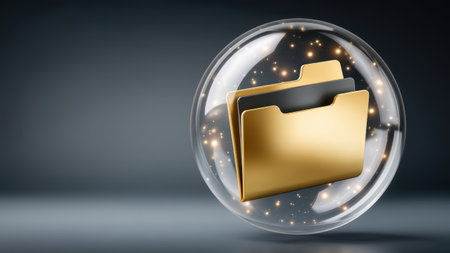 Golden file folder inside transparent bubble floating with glowing particles conveying secure digital storage and protectionの素材