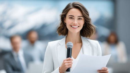 Confident speaker microphone paper banner winter woman smiling presenter conference businessの素材