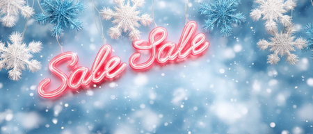 Snowflake banner winter sale with glowing neon text and soft falling snowの素材