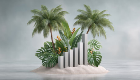 Tropical island with bar chart and palm trees, growth concept, serene atmosphereの素材