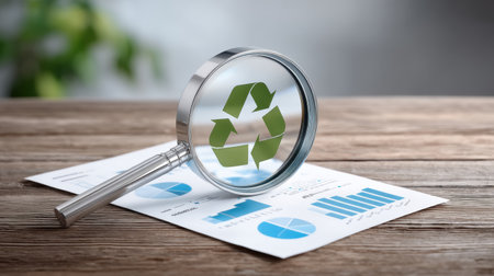 Recycle symbol magnified over sustainability report with charts and magnifying glassの素材