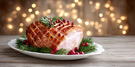 Glazed ham garnished with cranberries and pine sprigs on festive plateの素材