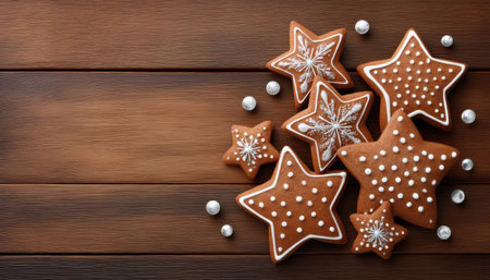 Star shaped gingerbread cookie with white icing on wooden table, cozy holiday treatの素材