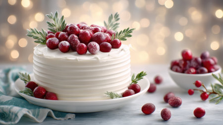 Festive white cake topped with sugared cranberries and rosemary, cozy holiday dessertの素材
