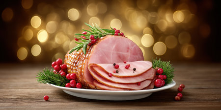 Glazed holiday ham garnished with rosemary and cranberries, festive warm bokeh lightsの素材