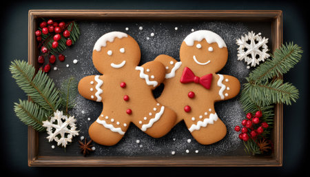Gingerbread couple cookies on festive tray with pine and berries, cozy holiday joyの素材