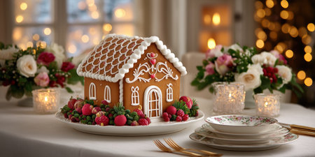 Gingerbread house festive table with berries and candles, cozy holiday dessert sceneの素材