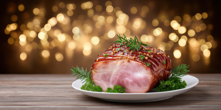 Glazed roasted ham garnished with rosemary and parsley on plate, festive warm lightingの素材