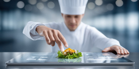 Chef preparing food with technology interface and smart kitchen innovationの素材