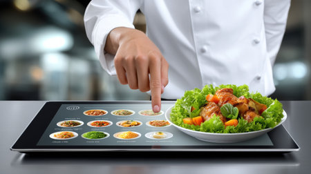 Chef finger selecting recipe on tablet with roasted chicken salad food technologyの素材