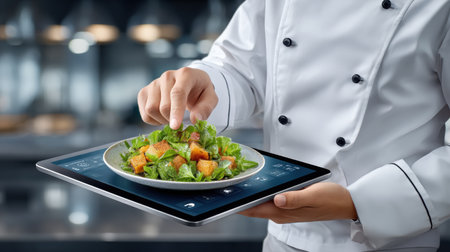 Chef prepares fresh salad with food and technology integrated tablet serviceの素材