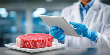 Raw marbled beef steak and scientist using tablet in food technology lab tasting notesの素材