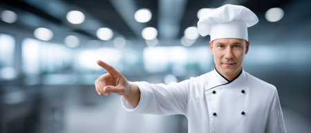 Chef in kitchen pointing with food and technology inspirationの素材